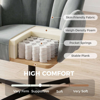 Shell-Shaped Swivel Accent Chair | 360° Swivel | 11cm Spring-Packed Seat | Velvet-Feel Fabric | Metal Base | Plastic Floor Pads | 120kg | 64.5x68x80cm | Grey