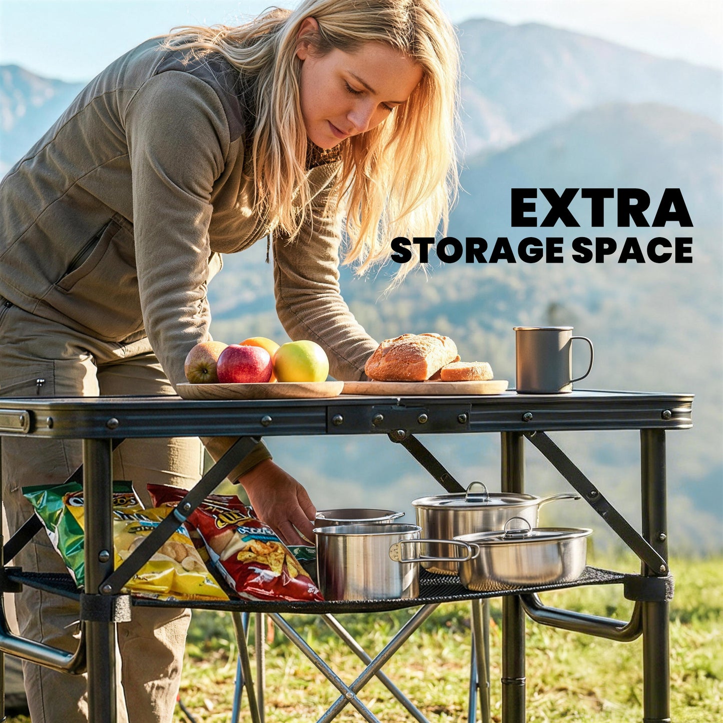 Folding Camping Table 2ft – 4 Adjustable Heights, Mesh Storage Layer, Aluminium Frame, Folds to 40x30x7cm, 30kg Capacity, Tool-Free Setup – Black