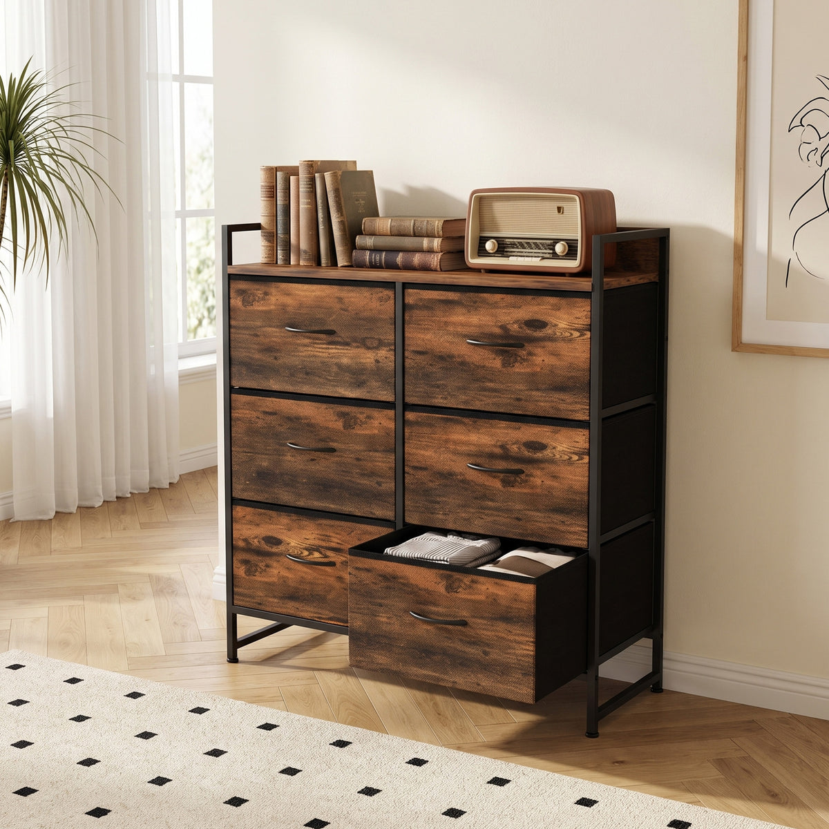 Rustic Chest of Six Fabric Drawers | Rustic Brown & Black | Linen Fabric Steel Particleboard | 80x29x85cm | 35kg Max Load | Adjustable Feet | Industrial Style | Bedroom Storage