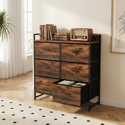Rustic Chest of Six Fabric Drawers | Rustic Brown & Black | Linen Fabric Steel Particleboard | 80x29x85cm | 35kg Max Load | Adjustable Feet | Industrial Style | Bedroom Storage