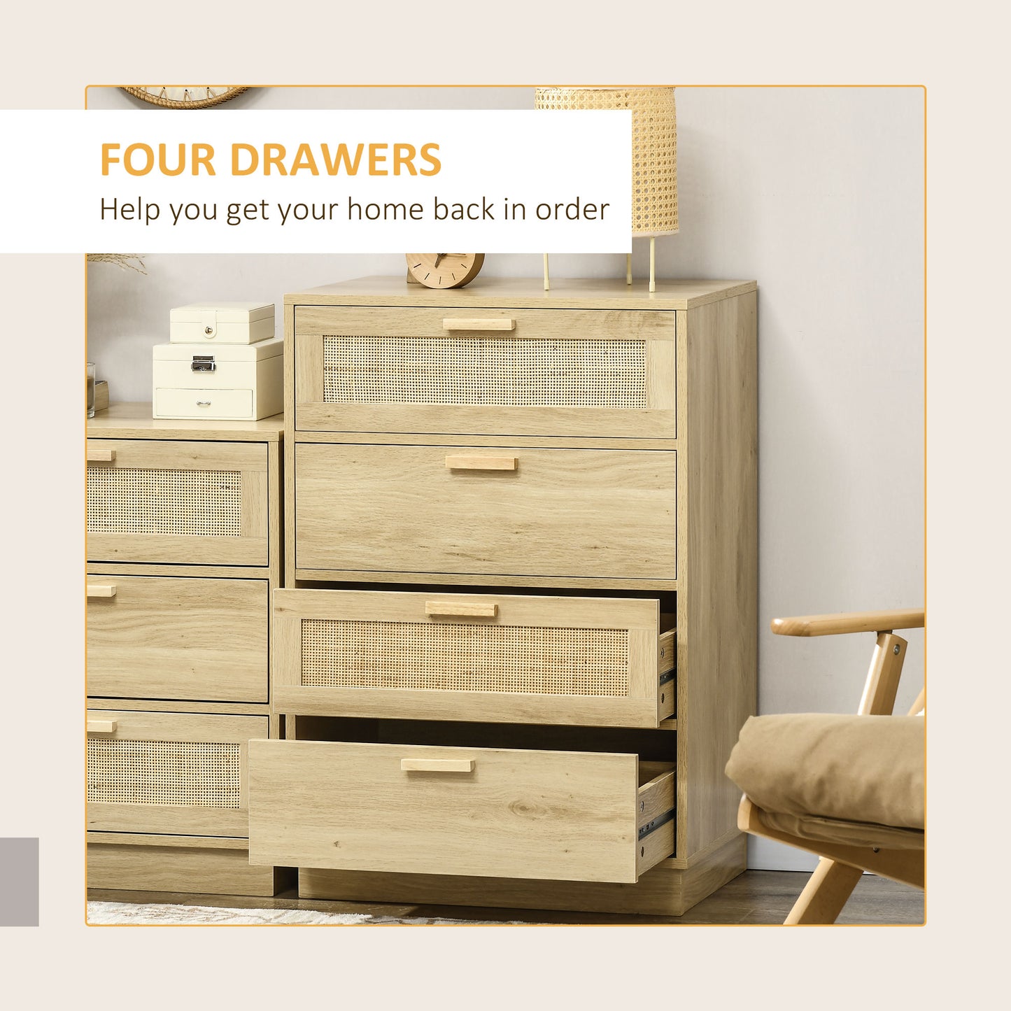 Chest of Four Rattan Weave Panel Drawers - Wood-Effect