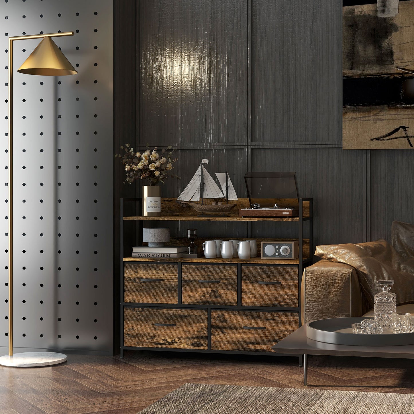 Retro Rustic Style Chest of Five Fabric Drawers - Brown Wood Effect