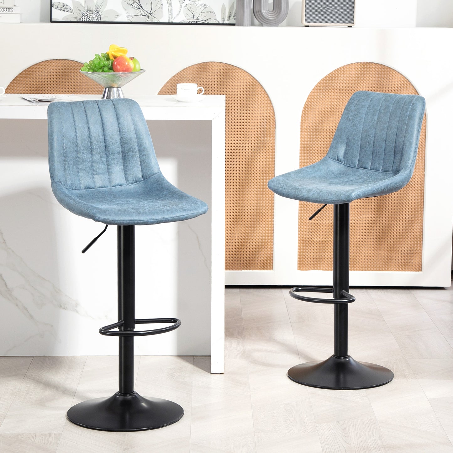 Adjustable Bar Stools Set of 2 Counter Height Barstools Dining Chairs 360° Swivel with Footrest for Home Pub, Blue