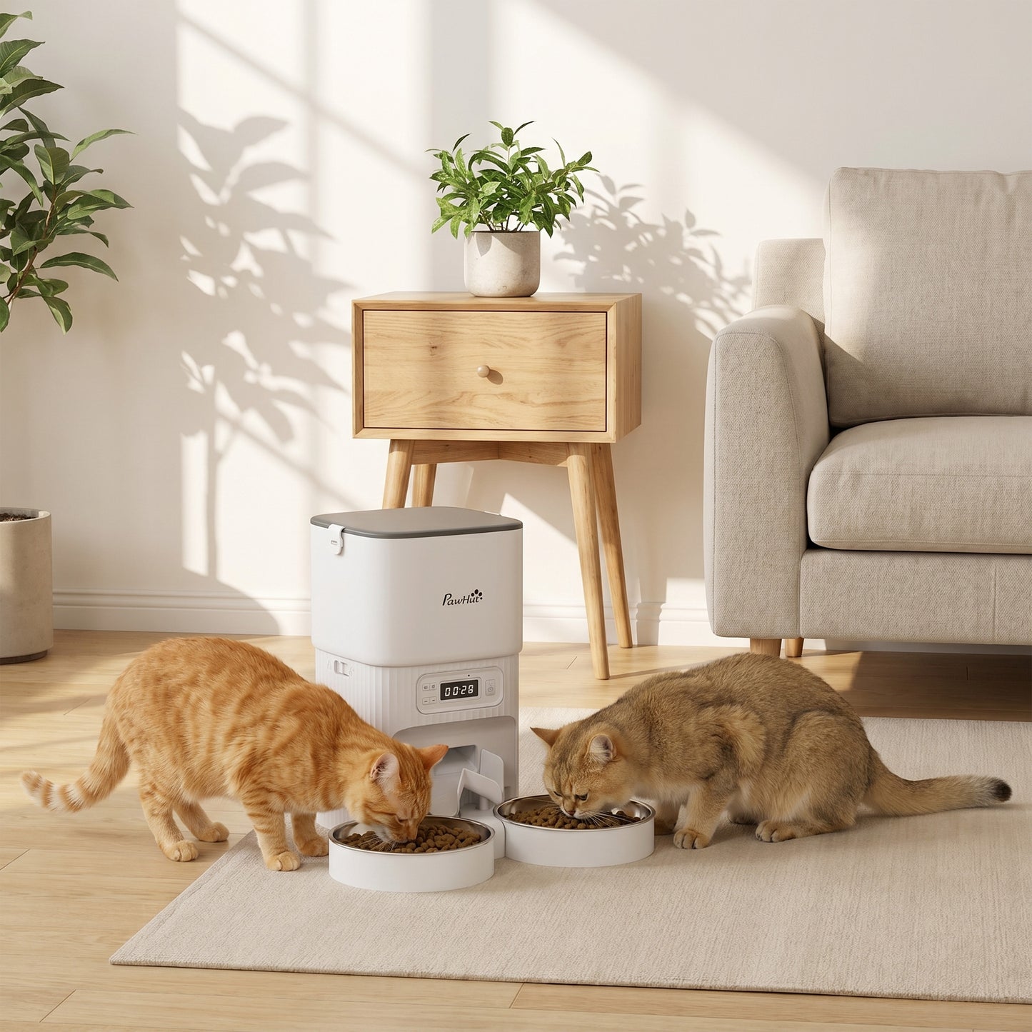 Automatic Pet Feeder | Dual Bowl | LCD Screen & Button Control | Anti-Jam | Airtight Lid | 4L / 16 Cup Tank | Dual Power | Cats & Dogs up to 15kg | White