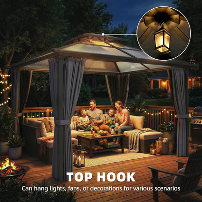 2.5x2.5m Hardtop Gazebo | 6mm Polycarbonate Roof | Drainage Gutters | Curtains & Mesh | Ceiling Hook | Dark Grey