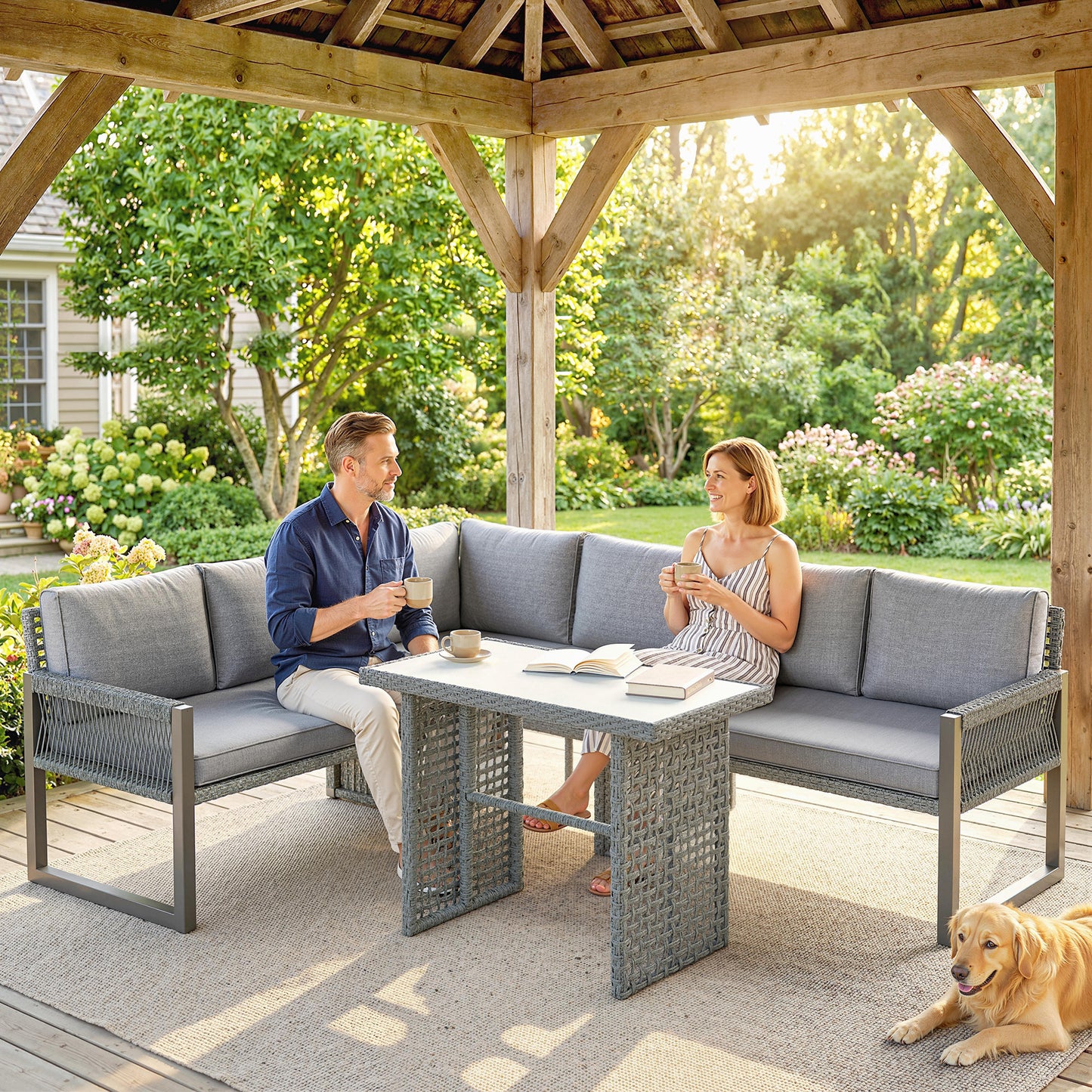 6 Seater Modular Rattan Corner Garden Furniture Set | 3 Loveseats & Dining Table | Tempered Glass | Galvanised Frame | Fade-Resistant Cushions | L-Shape or U-Shape | Grey