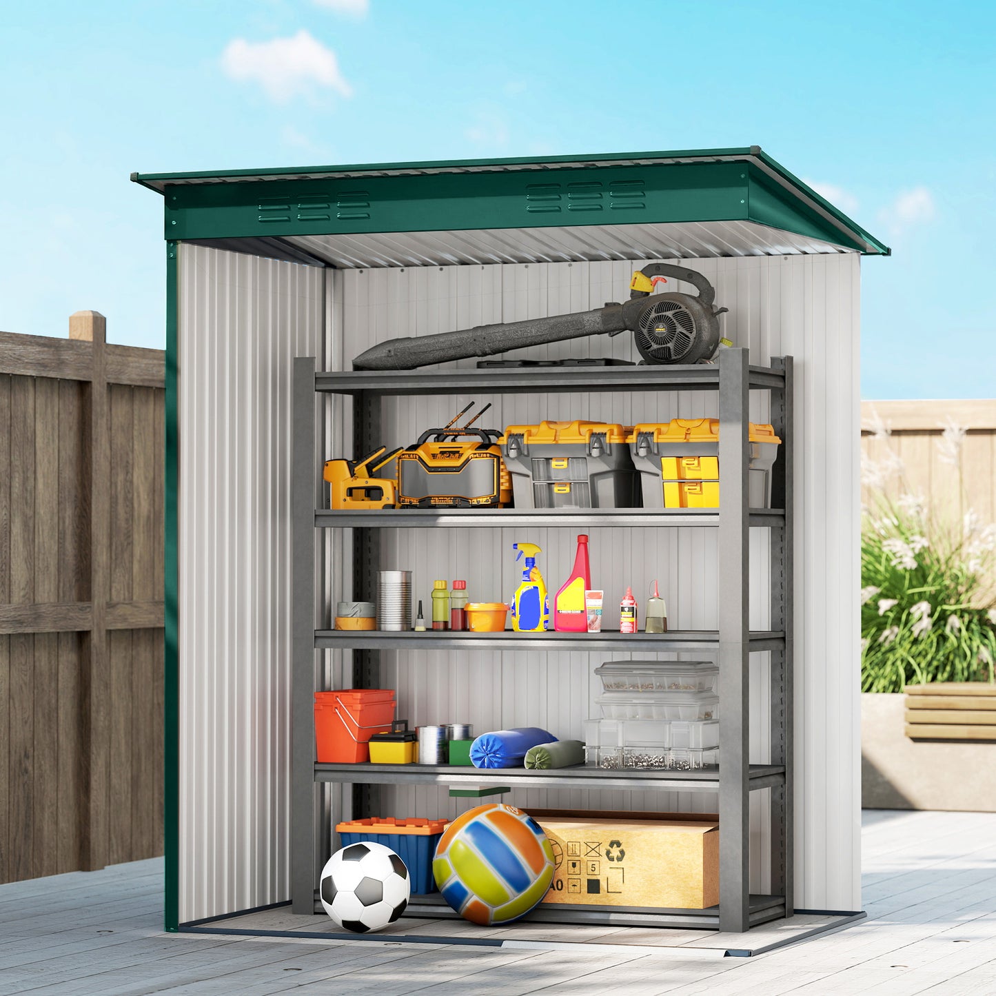 Galvanised Steel Garden Storage Shed | Aluminium Slot-Base Easy Assembly | 50% Fewer Screws | Sliding Door | Integrated Vents | 50kg/m² Snow Load | 159x106x181cm | 1.37m² | Green