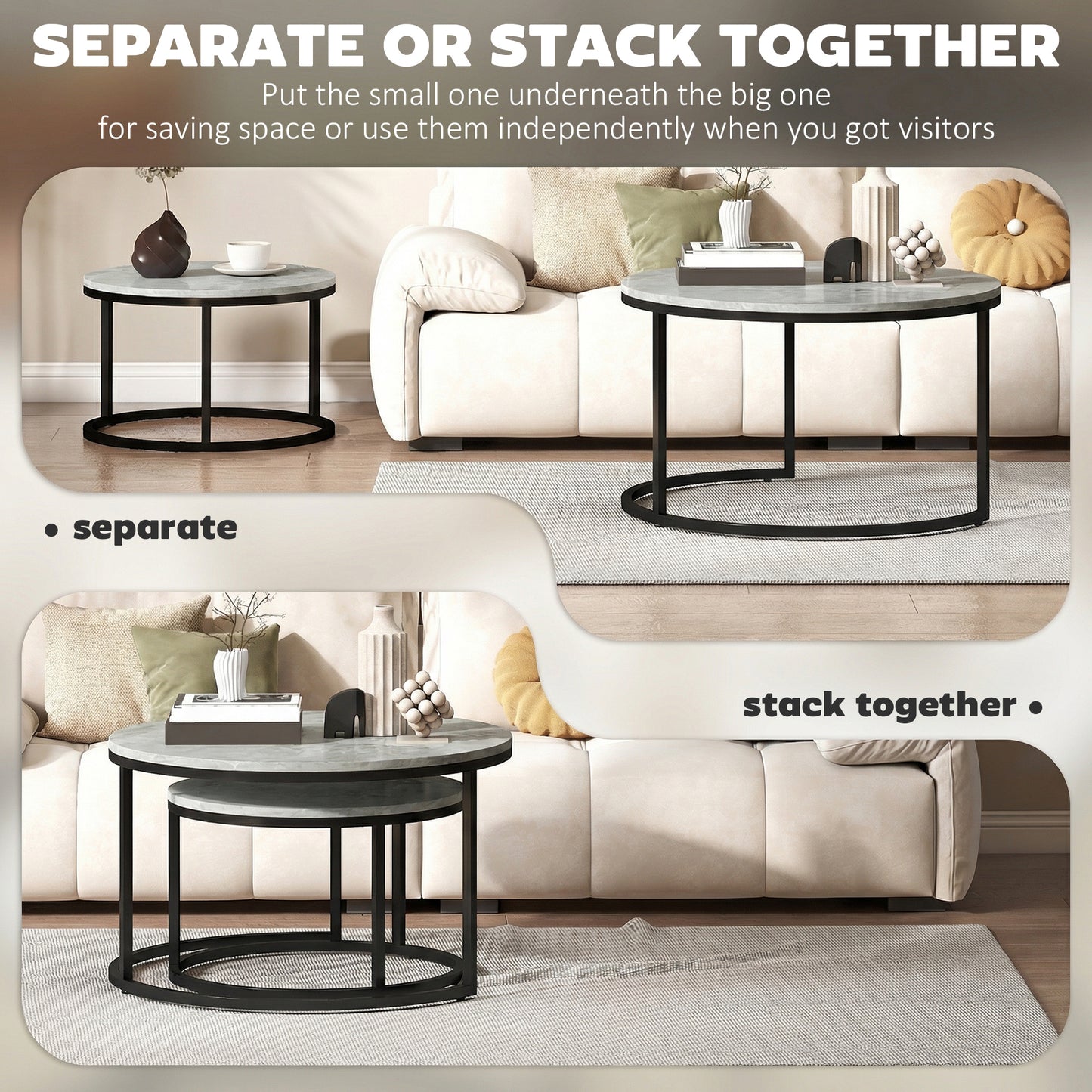Set of 2 Stacking Coffee Tables | Round Marble Effect MDF Tops | Steel Frames | Stackable | Large 78.5cm & Small 59cm | 50kg | Marble Grey