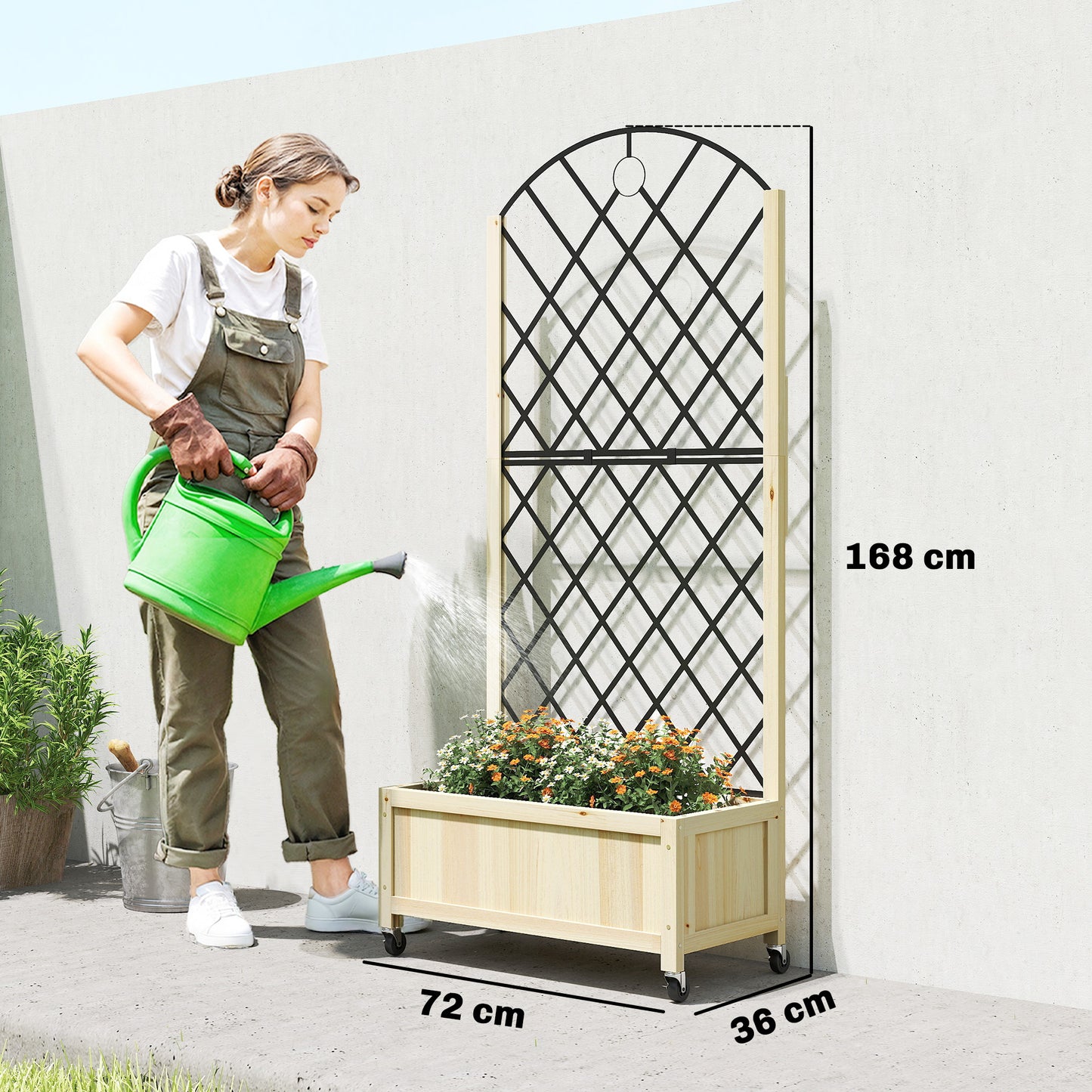 Raised Garden Bed with Metal Trellis | Wooden Elevated Planter Box | 50L Soil Capacity | 4 Wheels 2 Lockable | 30kg Max Load | 72x36x168cm | Natural Wood Finish