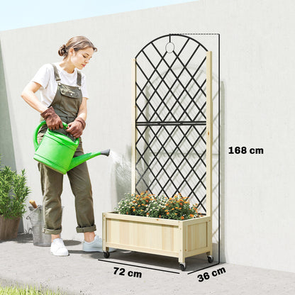 Raised Garden Bed with Metal Trellis | Wooden Elevated Planter Box | 50L Soil Capacity | 4 Wheels 2 Lockable | 30kg Max Load | 72x36x168cm | Natural Wood Finish