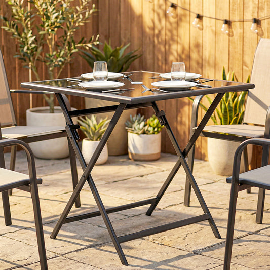 Folding Square Garden Dining Table | Tempered Glass Top | Parasol Hole | 70x70x70cm | Black