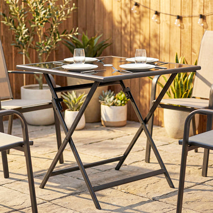 Folding Square Garden Dining Table | Tempered Glass Top | Parasol Hole | 70x70x70cm | Black