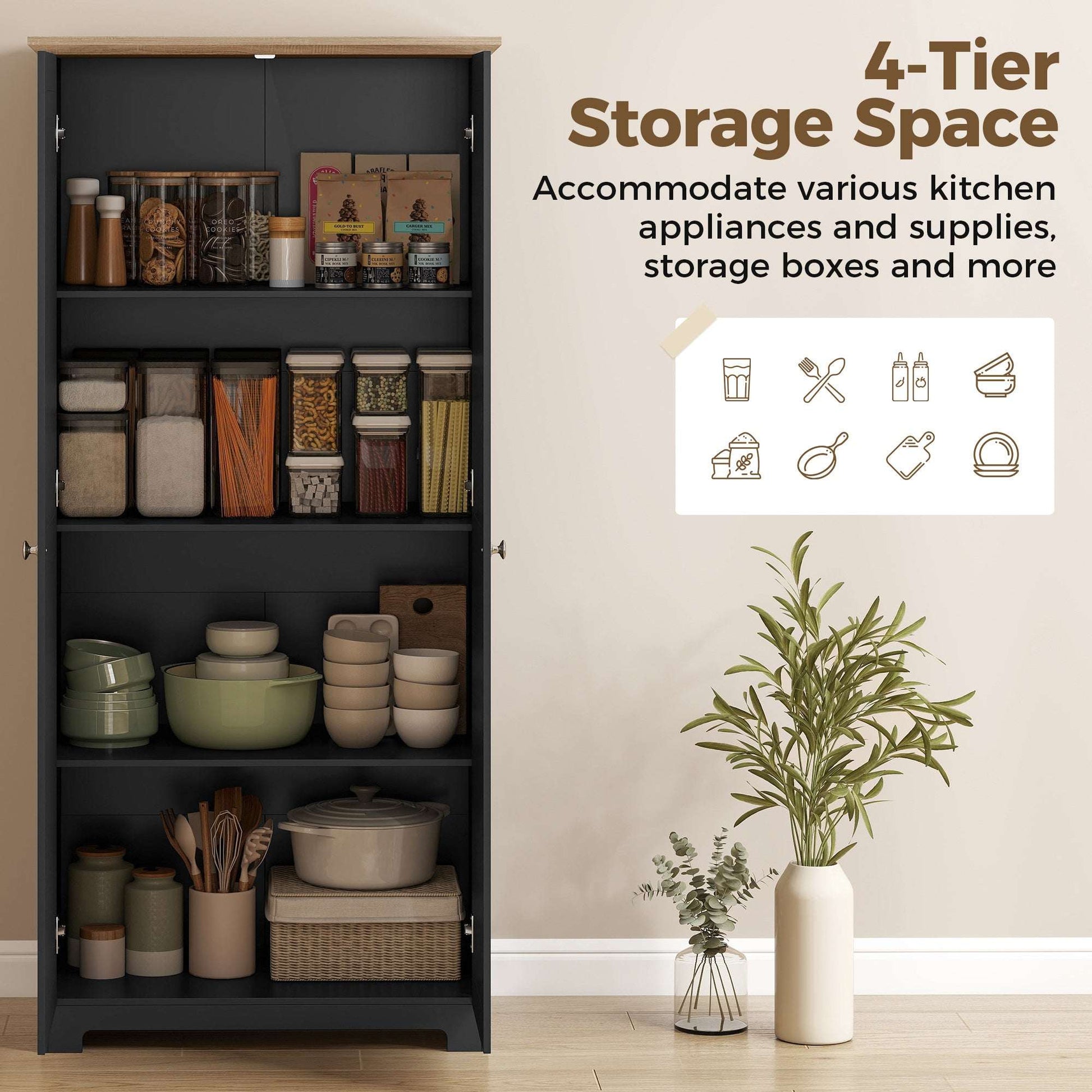 Freestanding Kitchen Cupboard | 172cm | 4 Shelves | 2 Doors | Wall Fixings | 30kg per Tier | MDF | Black