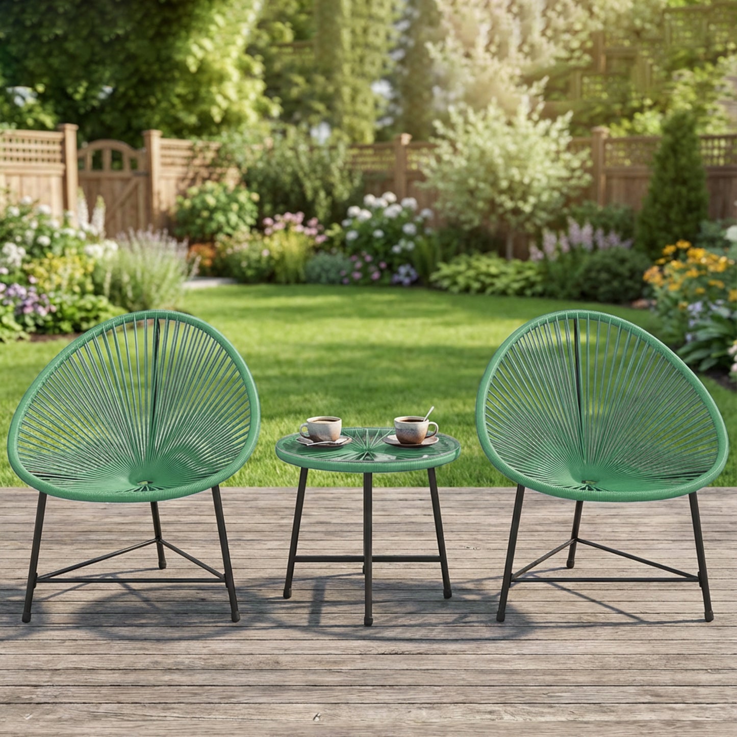 3 Piece Acapulco Style Rattan Bistro Set | 2 Oval Chairs | Tempered Glass Coffee Table | PE Rattan | Powder Coated Steel | 120kg | Green