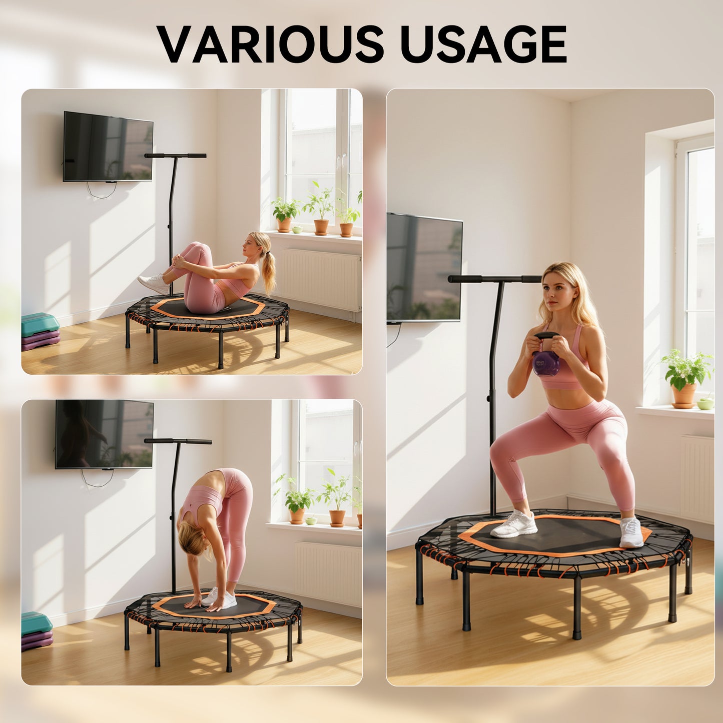 Fitness Trampoline, Bouncer with Adjustable Handle, Max Load 150 kg