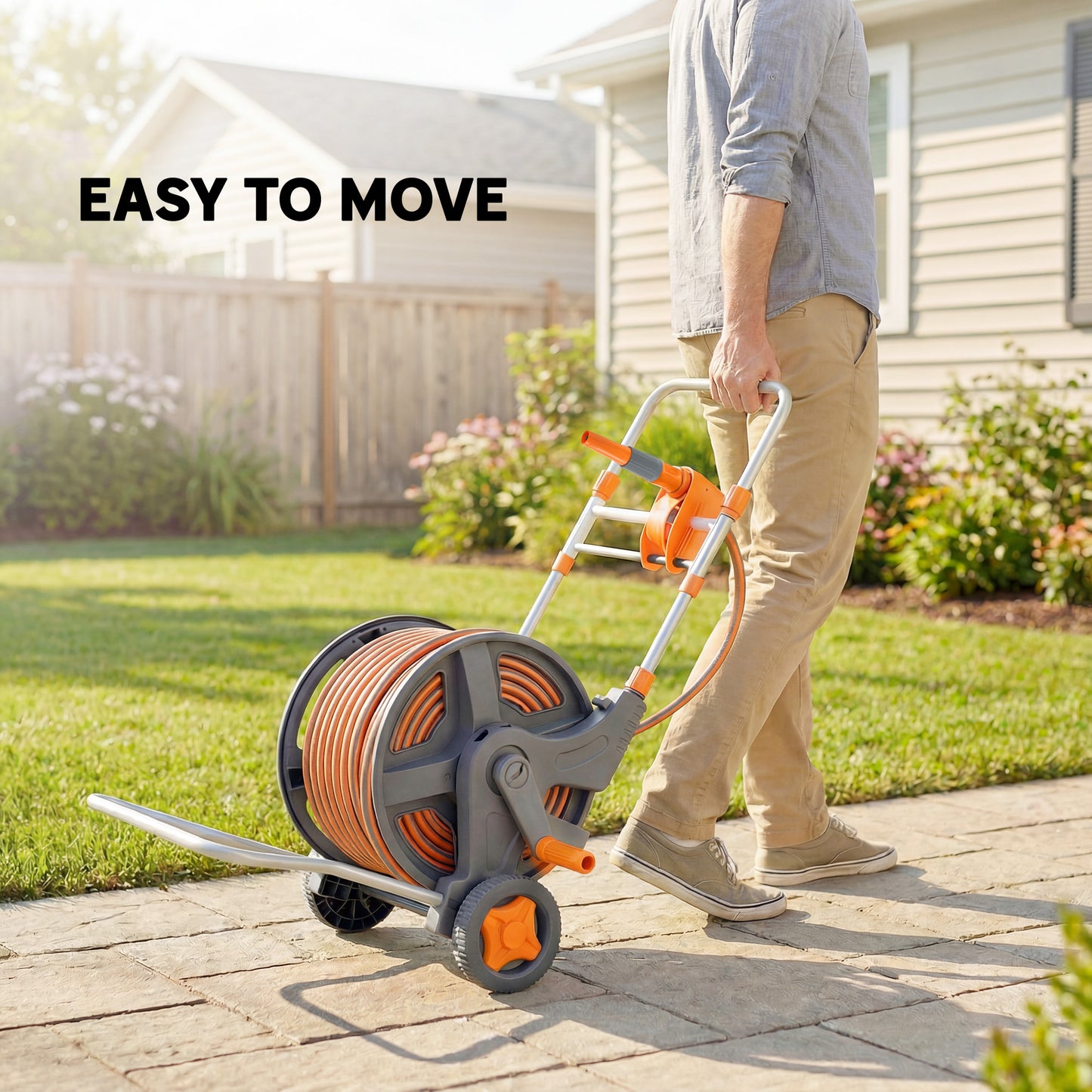 Garden Hose Reel Cart on Wheels | 45+2m | Dual-Mode Nozzle | Manual Crank & Built-In Guide | Weather-Resistant PVC | 8 Bar Working Pressure | Freestanding | 45x44x78cm | Orange