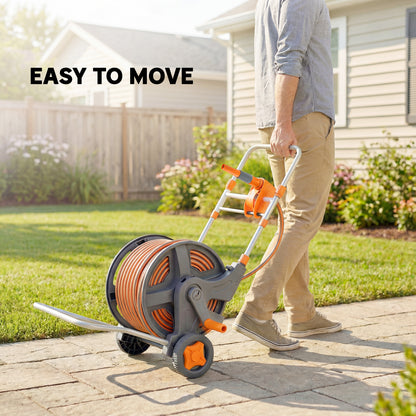 Garden Hose Reel Cart on Wheels | 45+2m | Dual-Mode Nozzle | Manual Crank & Built-In Guide | Weather-Resistant PVC | 8 Bar Working Pressure | Freestanding | 45x44x78cm | Orange