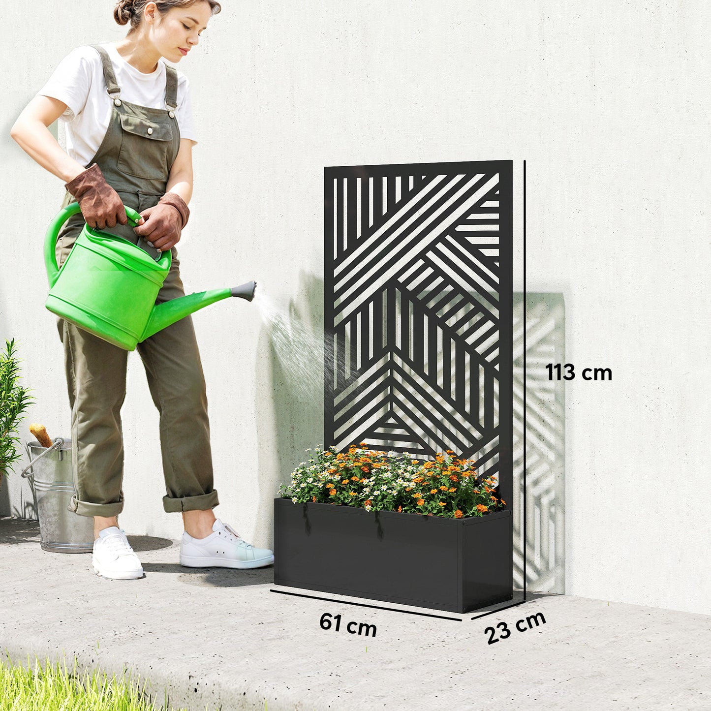 Metal Raised Garden Bed with Geometric Slatted Trellis & Privacy Screen | Powder-Coated | 20L Soil Capacity | 30kg Max | Patio Balcony & Garden | 61x23x113cm | Black