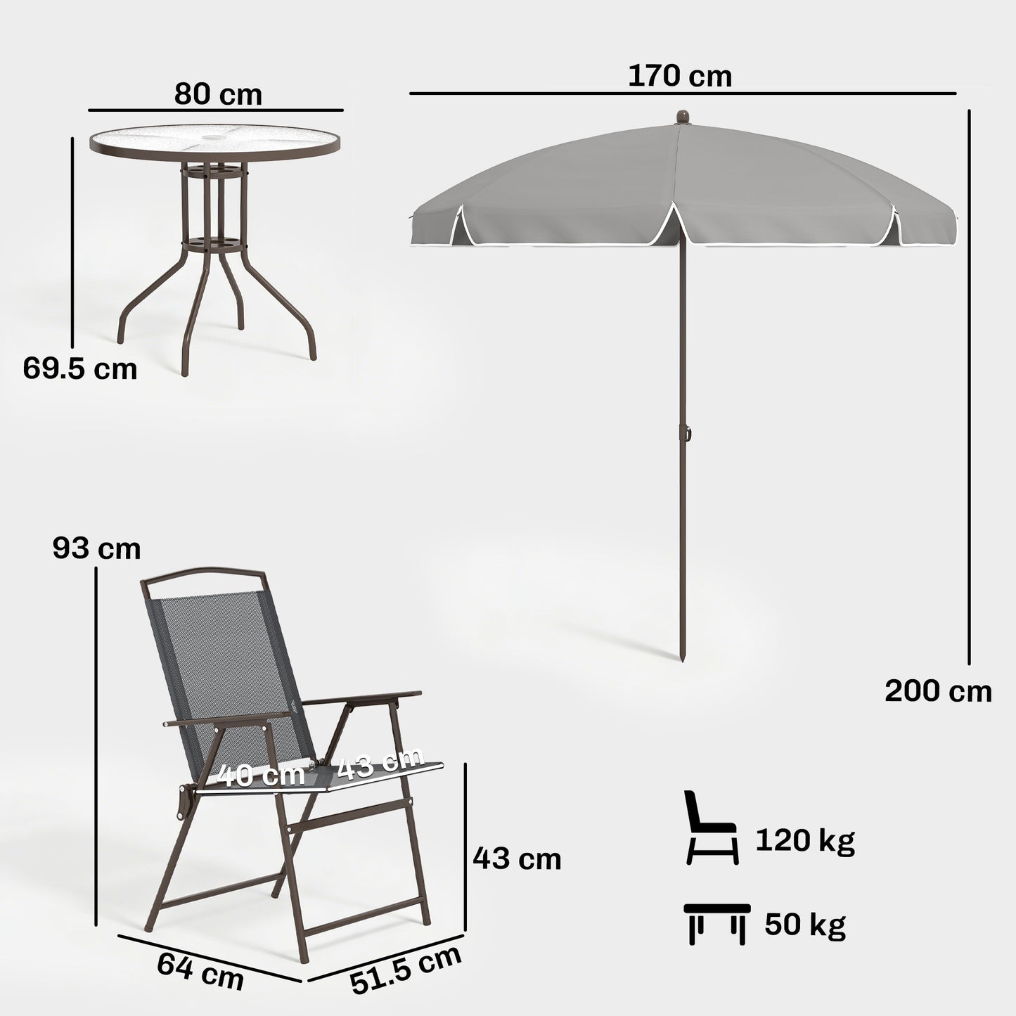 6-Piece Garden Dining Set with Parasol | 4 Folding Mesh Chairs | Glass Table | Ø170cm Parasol | Dark Grey