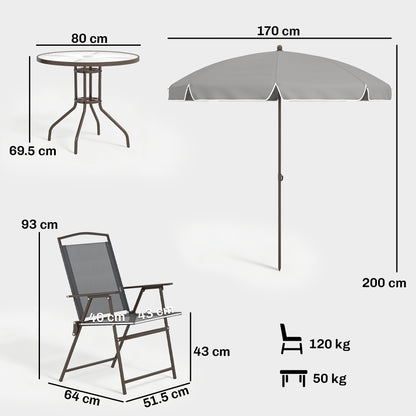 6-Piece Garden Dining Set with Parasol | 4 Folding Mesh Chairs | Glass Table | Ø170cm Parasol | Dark Grey