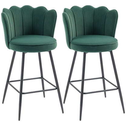 Set of Two Velvet-Feel Lotus Bar Stools - Dark Green / Grey