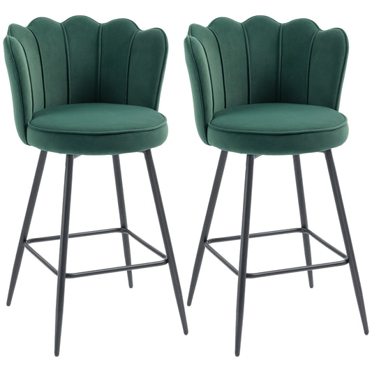Set of Two Velvet-Feel Lotus Bar Stools - Dark Green / Grey