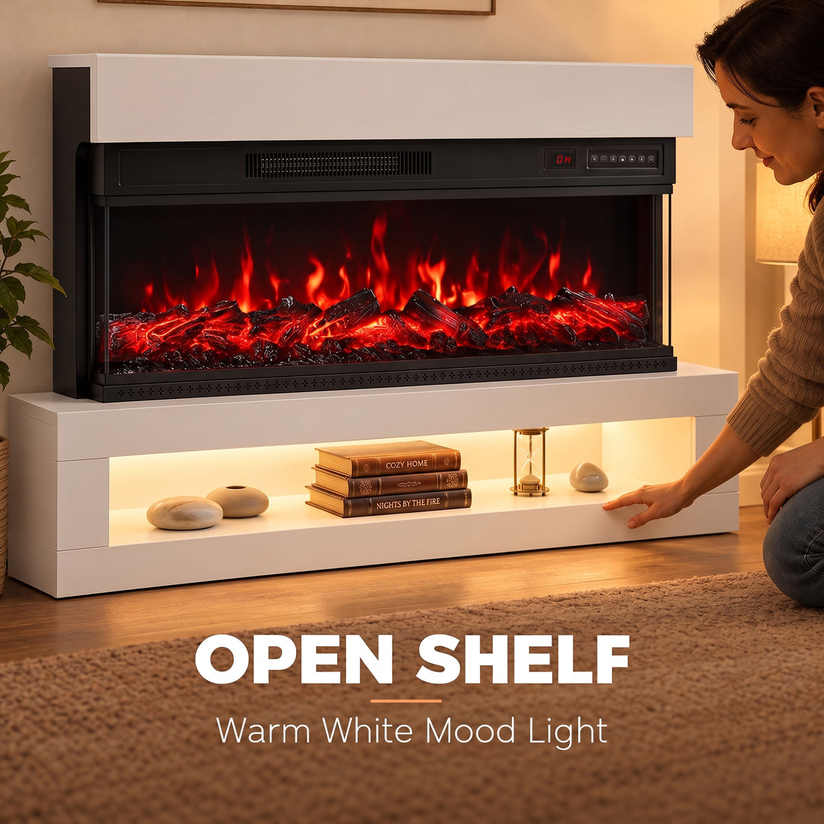 110cm Three-Sided Electric Fireplace Suite | 900/1800W, 12 Flame Colours & LED Shelf | Wall Mounted or Freestanding, Remote & Timer | White