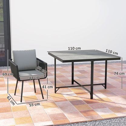 5-Piece Rattan Garden Dining Set | PS Wood-Plastic Table 110x110cm | 4 PE Rattan Armchairs | Thick Cushions | Zip Covers | Powder-Coated Metal Frame | Adjustable Feet | 120kg Chair Capacity | Light Grey
