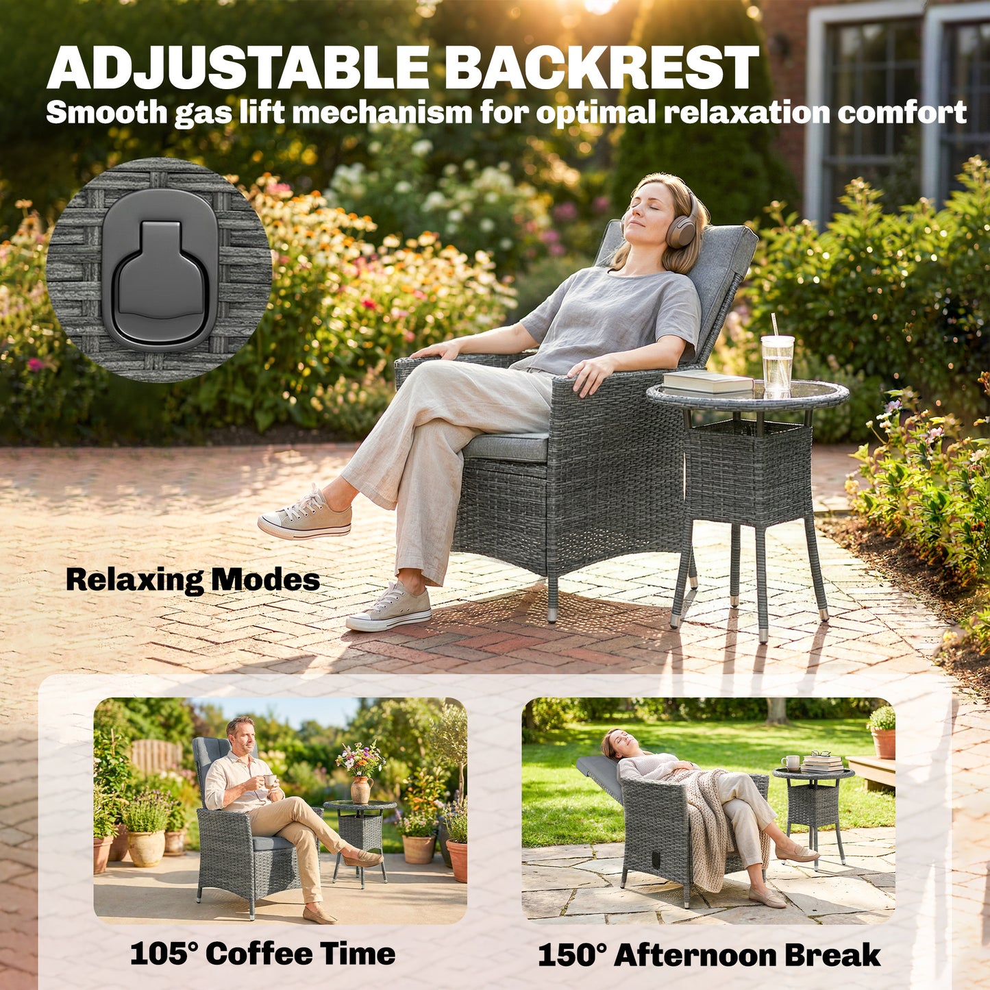 Rattan Bistro Set | 2 Reclining Chairs | Gas Lift 105°-150° | Glass Table | Washable Cushions | Grey