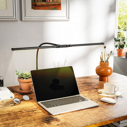 LED Desk Lamp with Clamp, Double Head Table Lamp with 3 Colour Modes & 10 Brightness Levels, Flexible Gooseneck Reading Desk Light for Study, Office, Work, Black
