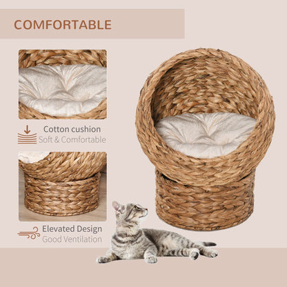 Woven Water Hyacinth Elevated Cat Bed | Wicker Dome Cave | Soft Removable Washable Cushion | Hand-Woven | Metal Wire Frame | Elevated Pod Design | 50x42x60cm | Brown
