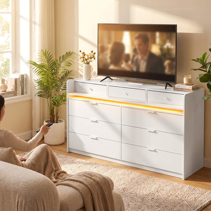 Chest of 9 Drawers with LED Strip & Charging Station | White MDF | 148.7x45x82cm | 2700-6500K Bluetooth | 2 UK Outlets USB-A USB-C | TV Stand up to 65in | Anti-Tip | 85kg