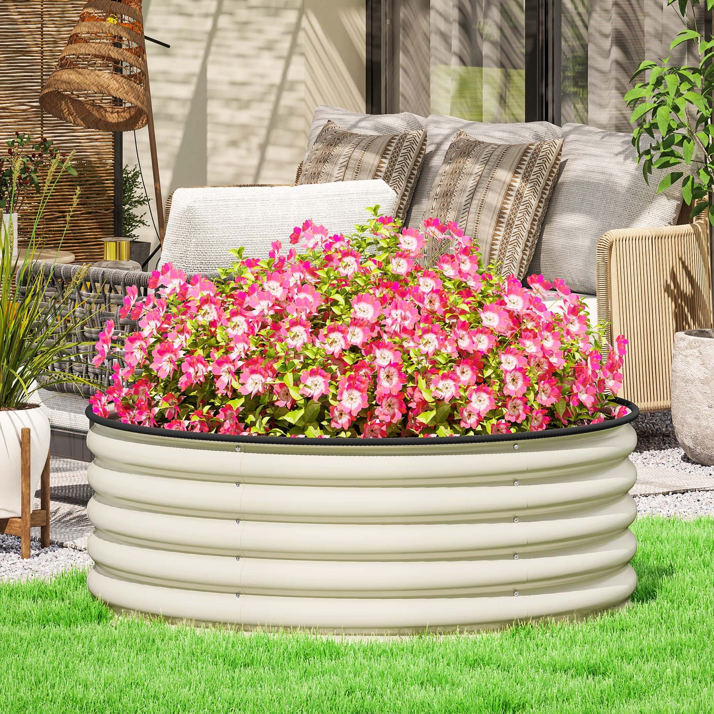 Outsunny Galvanised Raised Garden Bed with Safety Edging, Outdoor Raised Planter Box with Gloves, 120 x 120 x 43cm