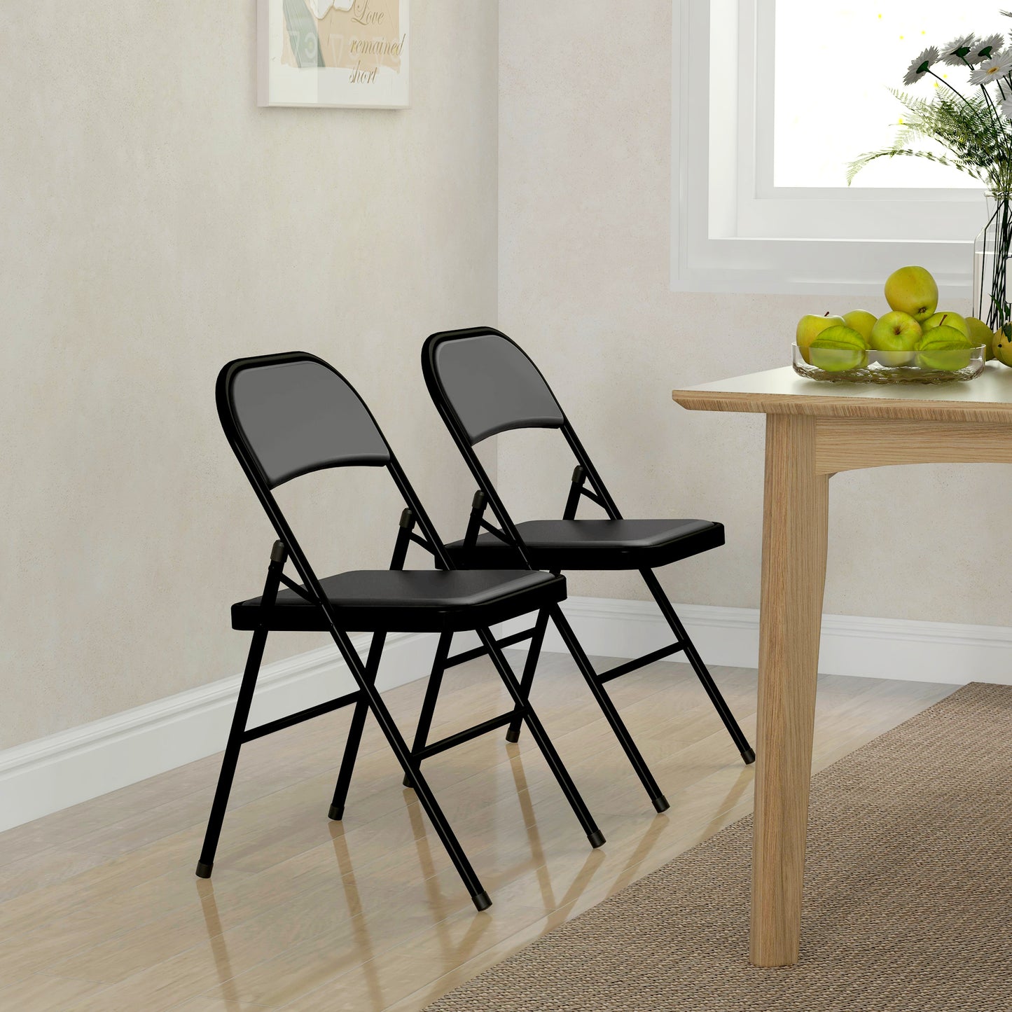 Padded Folding Chairs Set of 2 PU Leather Foldable Chairs W/ Cushioned Seat, Metal Frame for Home Office Dining Computer Desk Reception Room Black