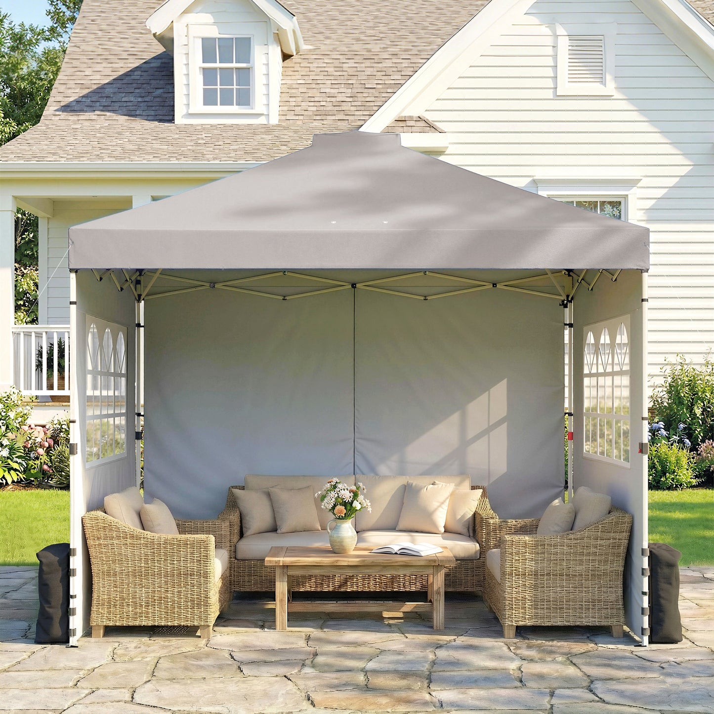 3x3m Pop-Up Canopy Gazebo | UPF50+ Waterproof 210D Oxford Fabric | 3 Detachable Sidewalls | 2 Church Windows | 2 Top Vents & 8 Drainage Holes | 3-Height Steel Frame to 285cm | 4 Guy Ropes & 12 Stakes | Wheeled Carry Bag | Grey
