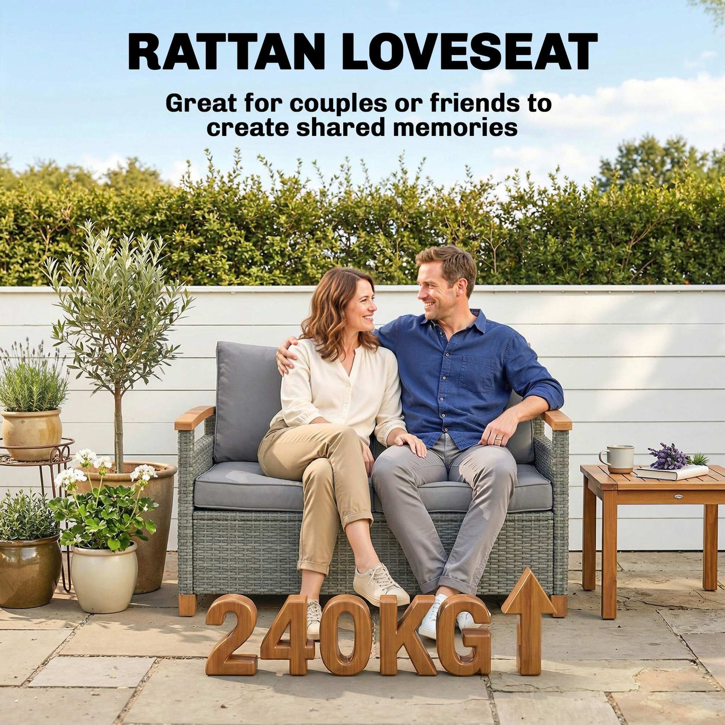 2 Seater Rattan Garden Sofa | Acacia Wood Armrests | Thick Cushions | Powder Coated Steel | Adjustable Feet | 124x74x79cm | 240kg | Dark Grey
