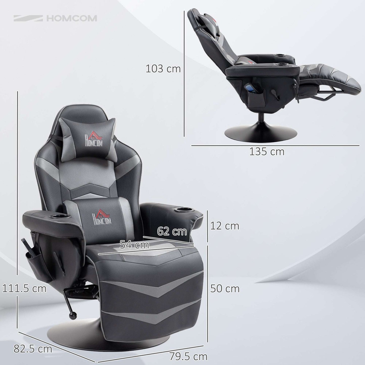Massage Recliner Chair with Remote, PU Leather Recliner Armchair with Cup Holders and Side Pockets, Racing Style Reclining Chair - Grey