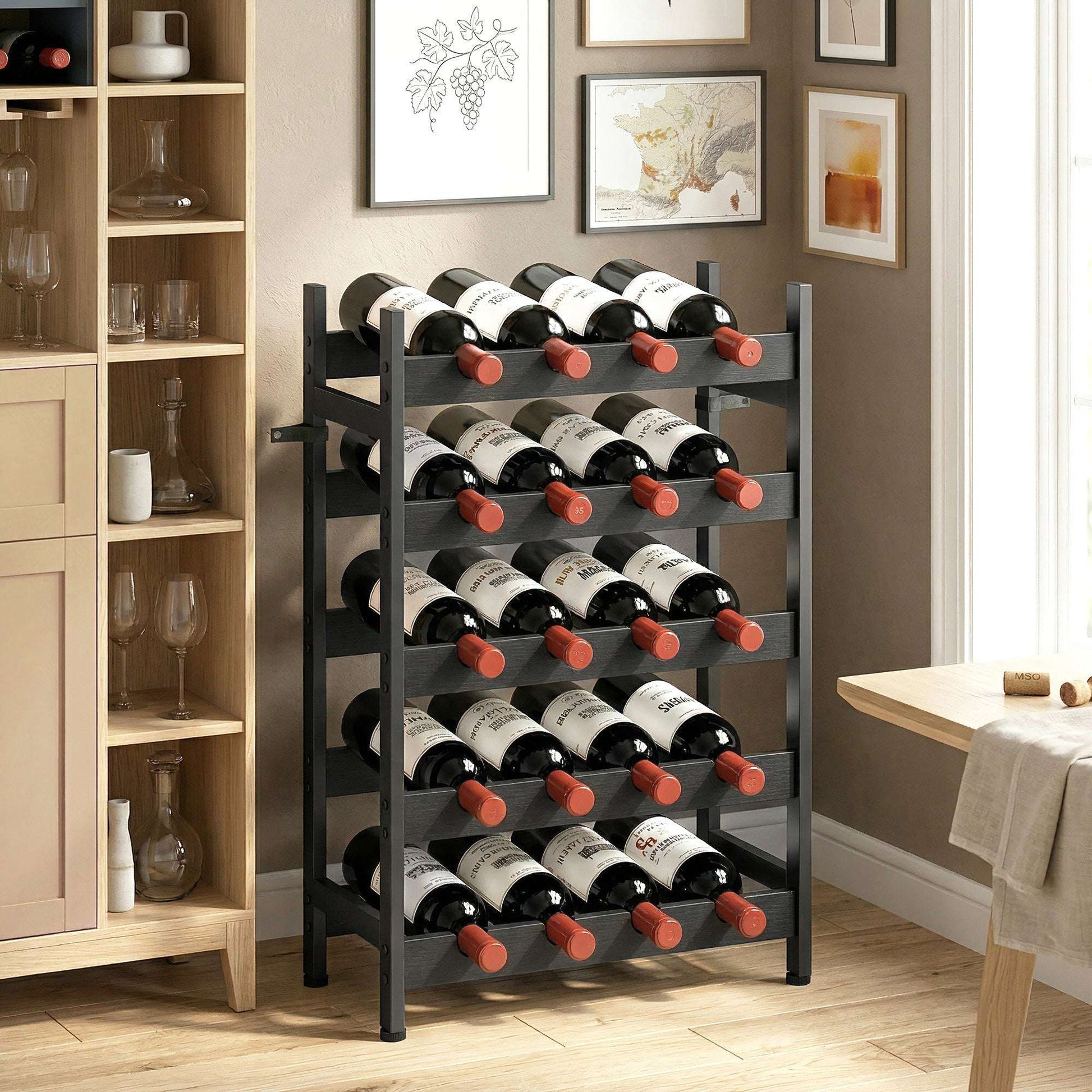 Freestanding Wine Rack | 5-Tier | 20 Bottles | Industrial Steel | Wave Slats | Anti-Tip Strap | Adjustable Feet | Black