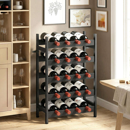 Freestanding Wine Rack | 5-Tier | 20 Bottles | Industrial Steel | Wave Slats | Anti-Tip Strap | Adjustable Feet | Black