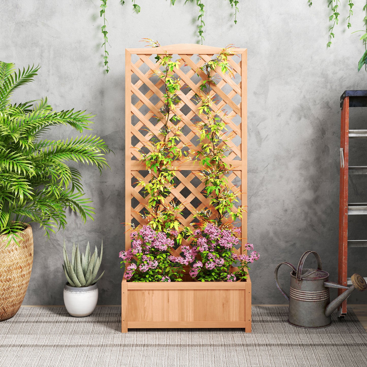 Wooden Planter with Trellis, Freestanding Raised Bed for Garden with Lattice, Outdoor Planter Box for Climbing Plants, Vines, Flowers, 76 x 36 x 170 cm, Brown