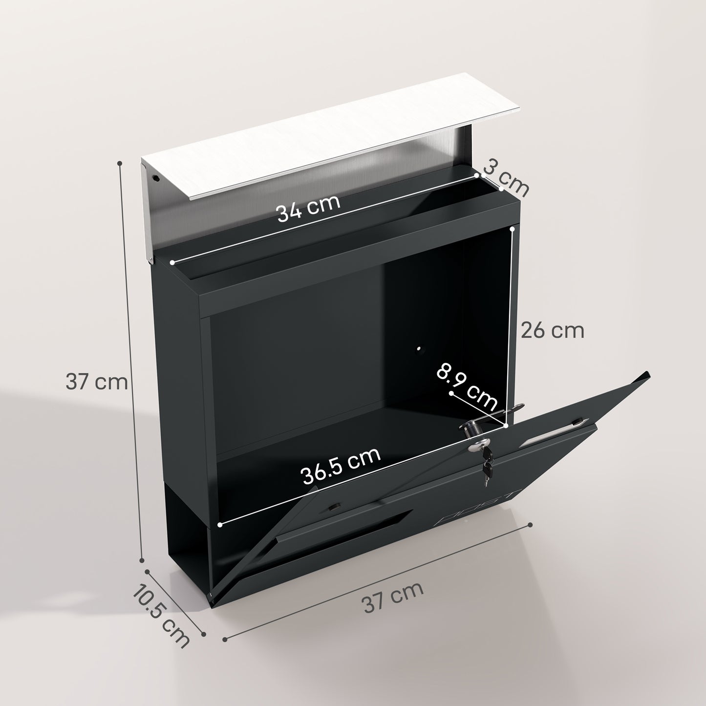 Wall Mounted Post Box with Viewing Window,  Modern Galvanised Steel Mailbox with Copper Core, Weatherproof Letterbox Charcoal Grey
