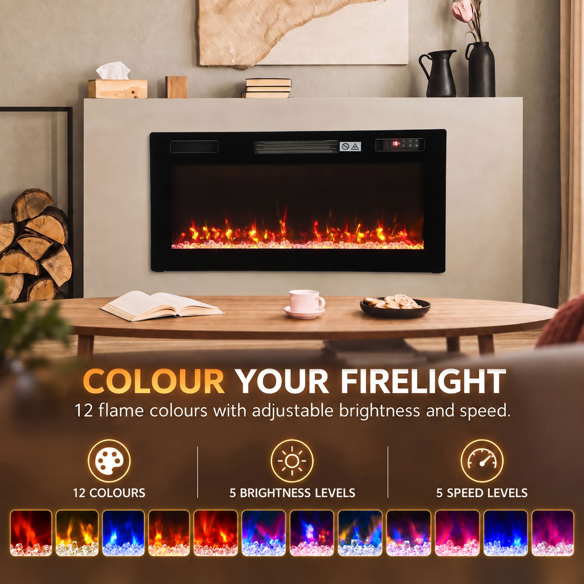 92cm Slim Electric Fireplace | Wall Mounted, Recessed or Freestanding | 900/1800W, 12 Flame Colours, Remote & 7-Day Programme | Black