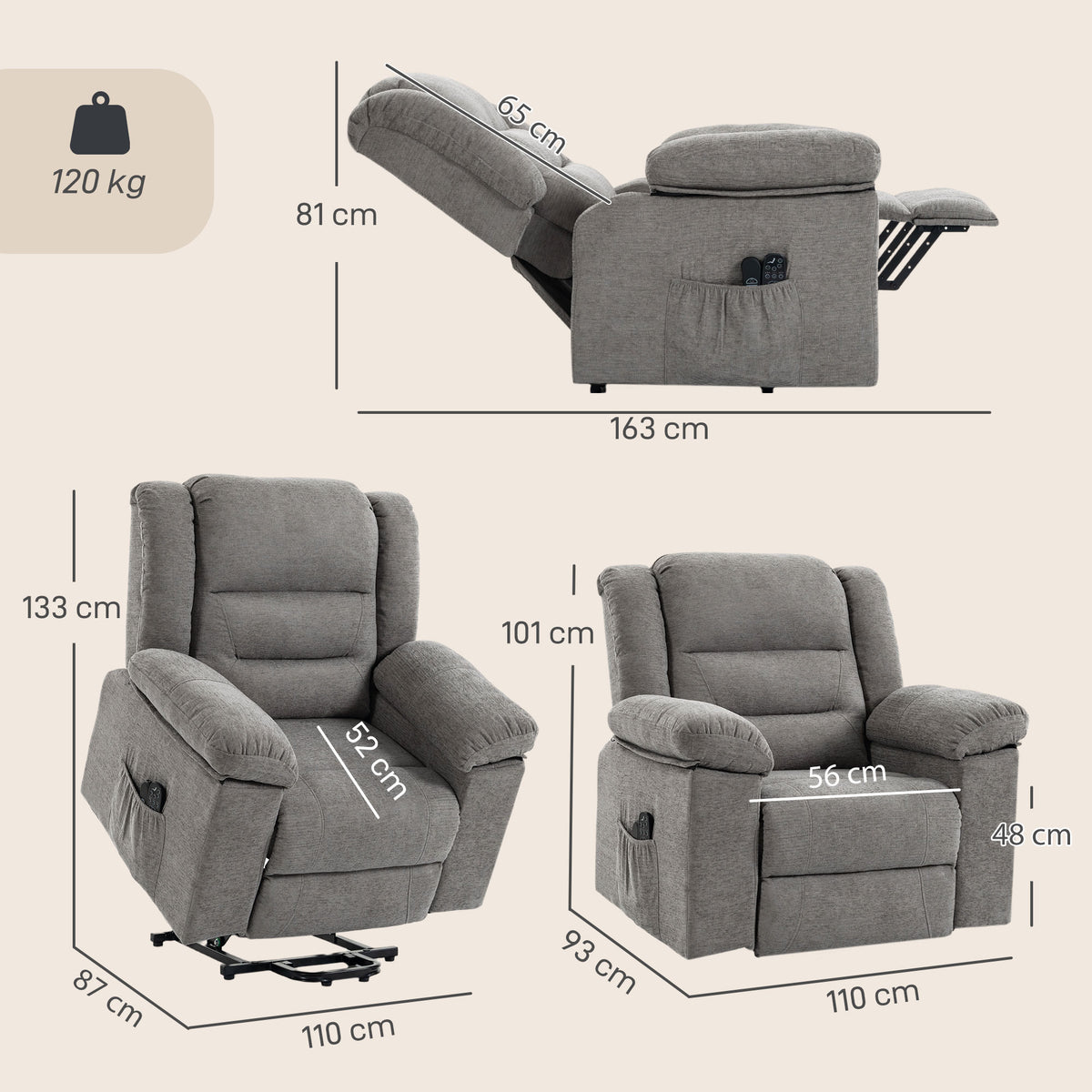Grey Riser Recliner Chair | Electric Power Lift, 8-Point Massage, Lumbar Heat & USB Charging | Wide Seat, 120kg