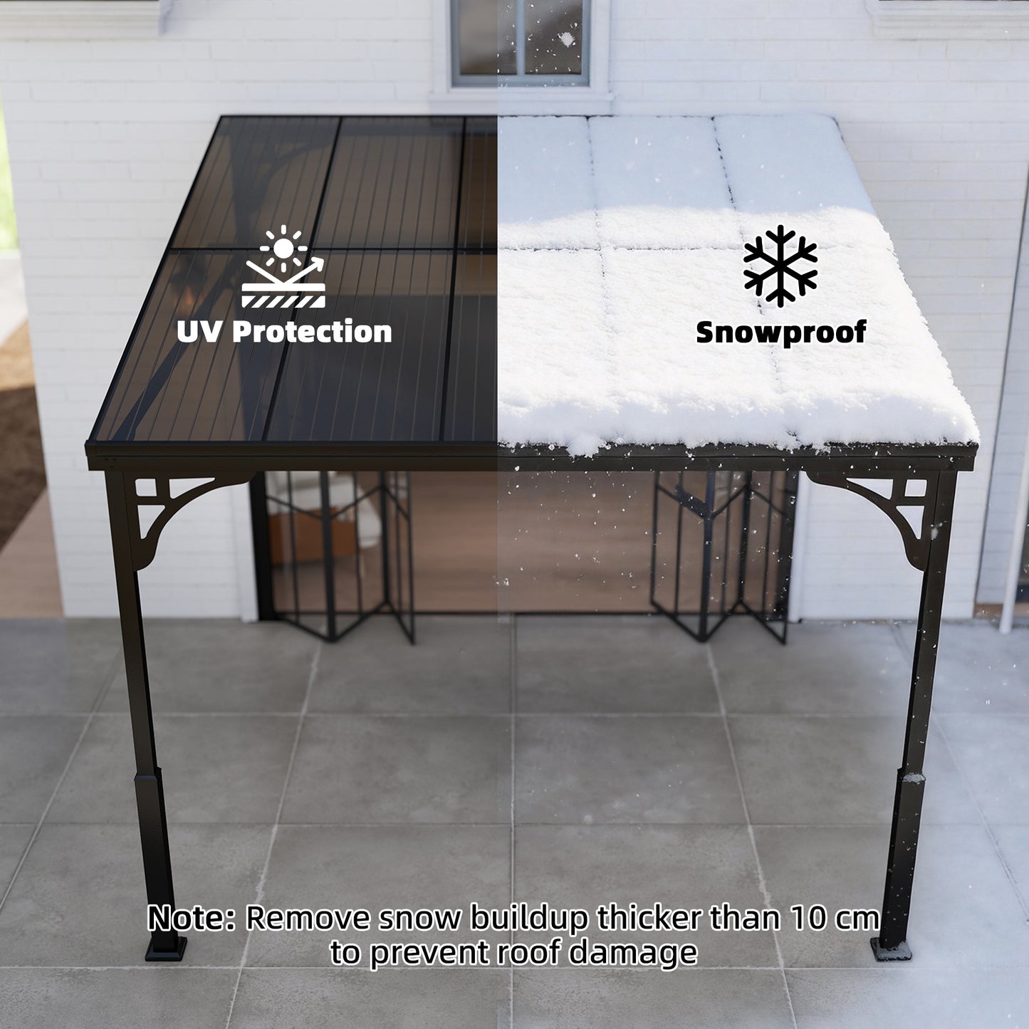 3x2.87m Wall Mounted Hardtop Lean-To Pergola | Polycarbonate Roof | Heavy-Duty Galvanised Frame | Reinforced Columns | Windproof Level 6 | Snow Load 5-10kg | All Hardware Included | Brown