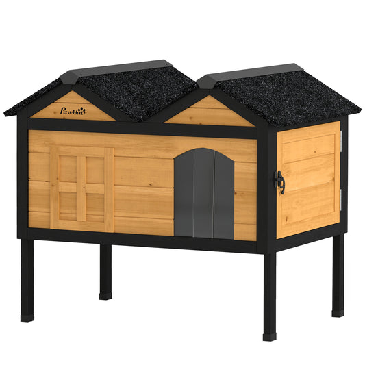 Outdoor Wooden Cat House with Removable Insulated Liner | Weatherproof Asphalt Roof | Raised 21cm Base | PVC Curtain | Wide Side Cleaning Door | Fir Wood | Suits Cats up to 10kg | Yellow