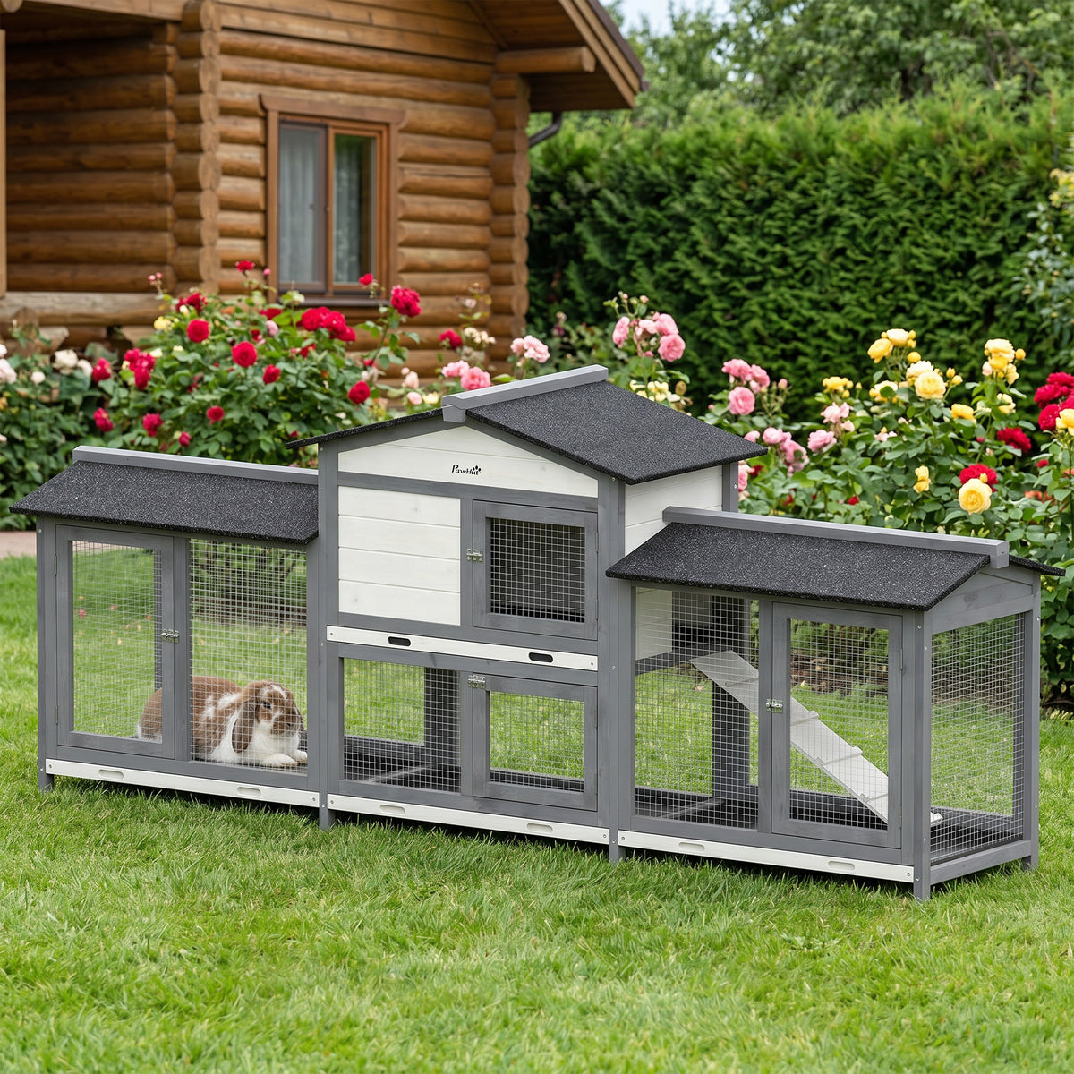 2-Tier Large Rabbit Hutch | Outdoor | Double Side Run Boxes | No-Leak Tray | Ramp | 230cm | Light Grey
