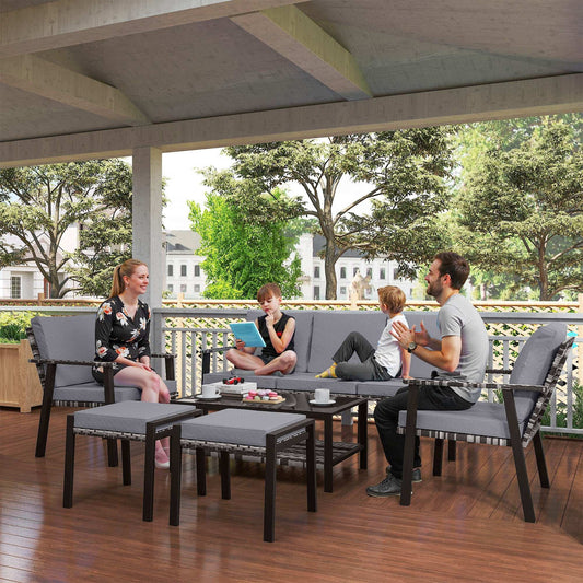 Outsunny 5 Piece Rattan Garden Furniture Set with 3-Seater Sofa 2 Chairs and 2 Footstools - Grey