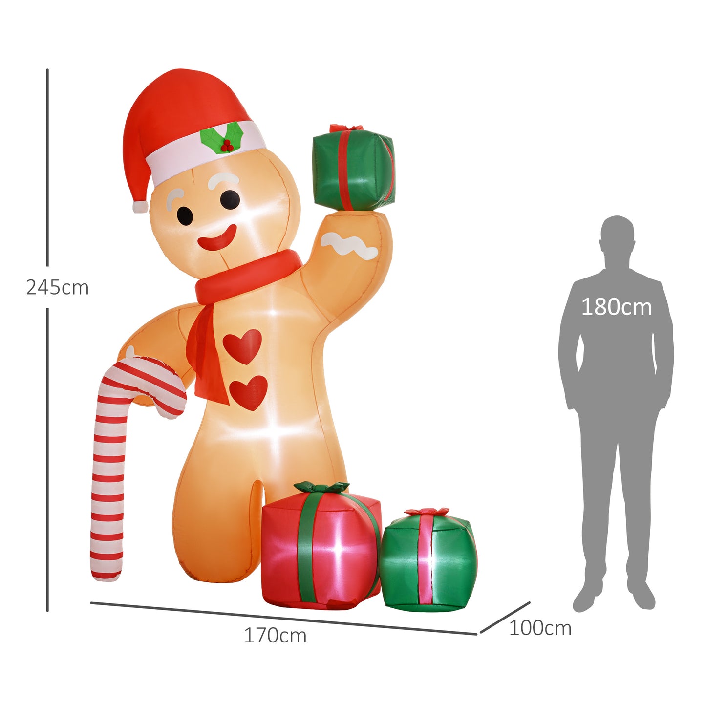 Outsunny 8FT Inflatable Gingerbread Man with Candy Cane and Three Gift Bags, Christmas Blow Up Outdoor LED Display for Garden Party
