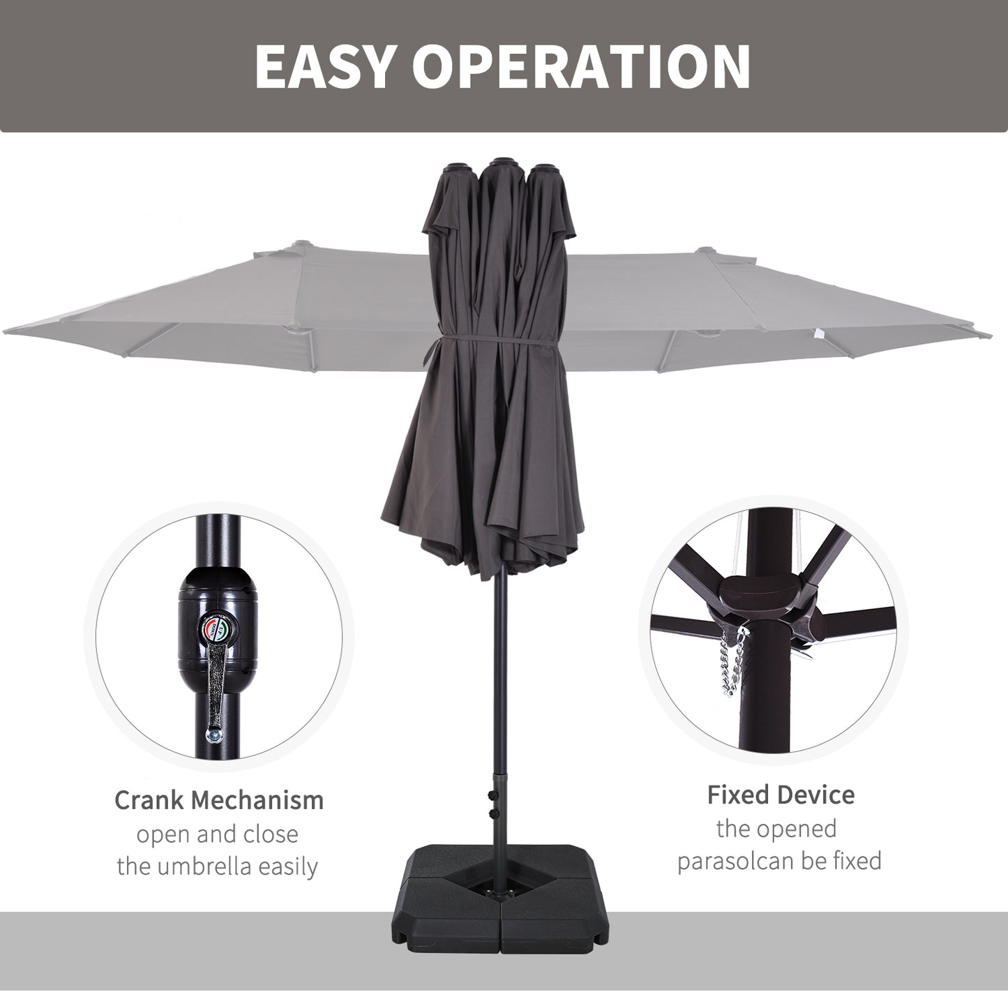 Outsunny 4.6m Garden Parasol Double-Sided Sun Umbrella Patio Market Shelter Canopy Shade with Umbrella Stand, Grey