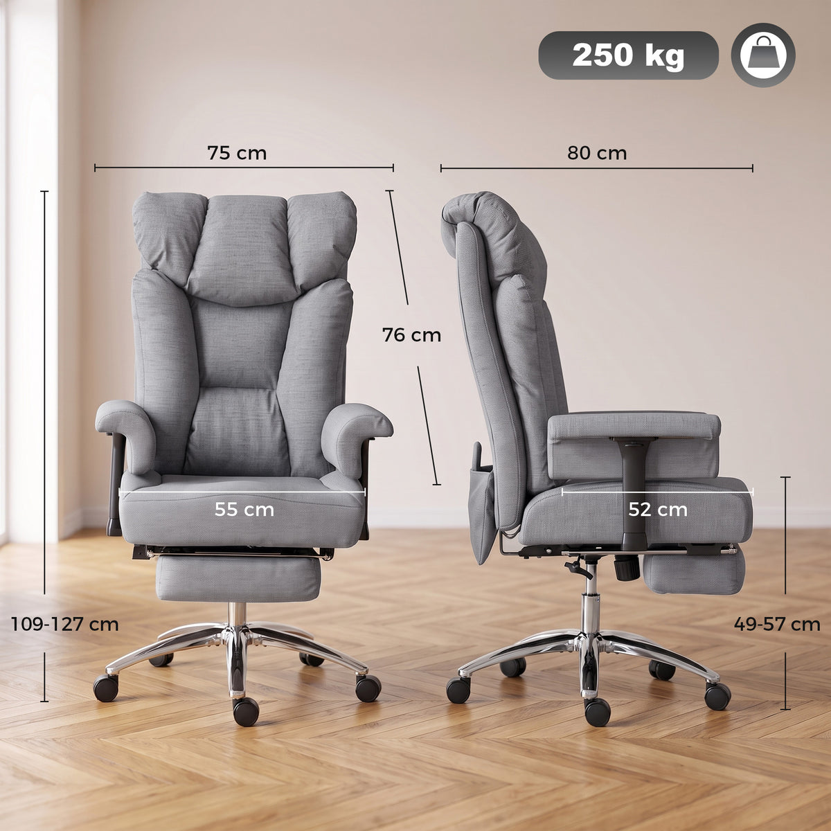 Big & Tall Massage Office Chair | 250kg Capacity, Lumbar Heat & 135° Recline | Adjustable Arms, Footrest & Linen-Look Fabric | Grey